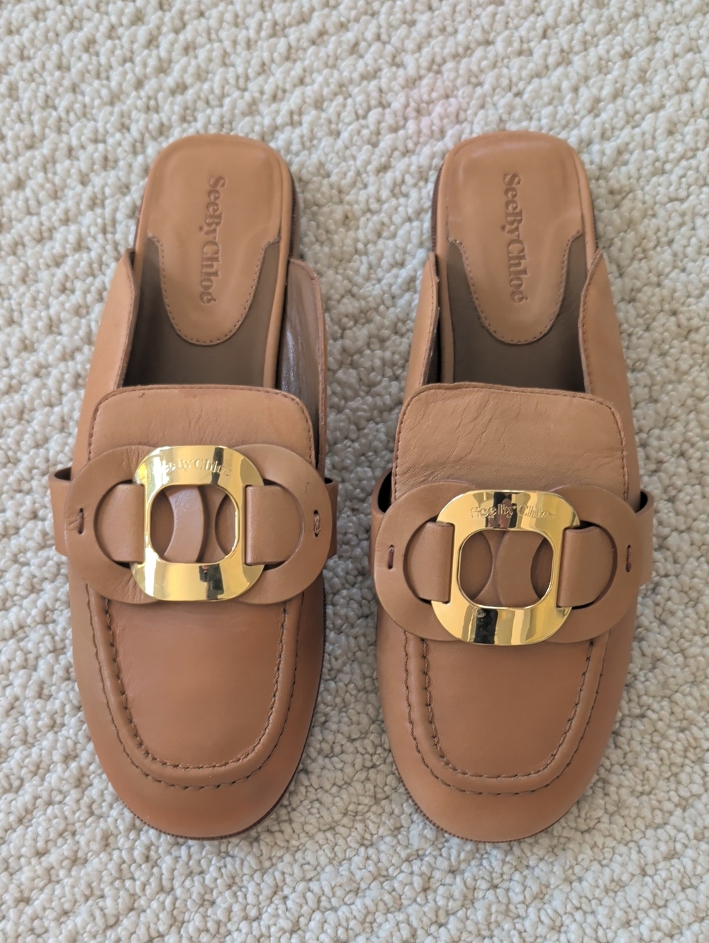 See By Chloe brand new Tan Leather Backless Mules with Gold Buckle. Never worn